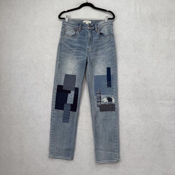 Sundance Jeans Womens 25 Light Wash Patchwork Sashiko Embroidered Straight Leg - Picture 1 of 9